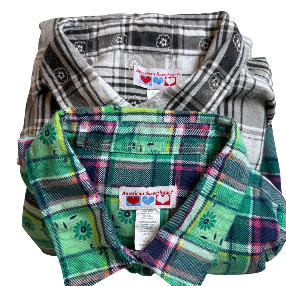 American Sweetheart Plaid Floral Button Down Shirts Set 2 Green  +Grey 3X Grunge